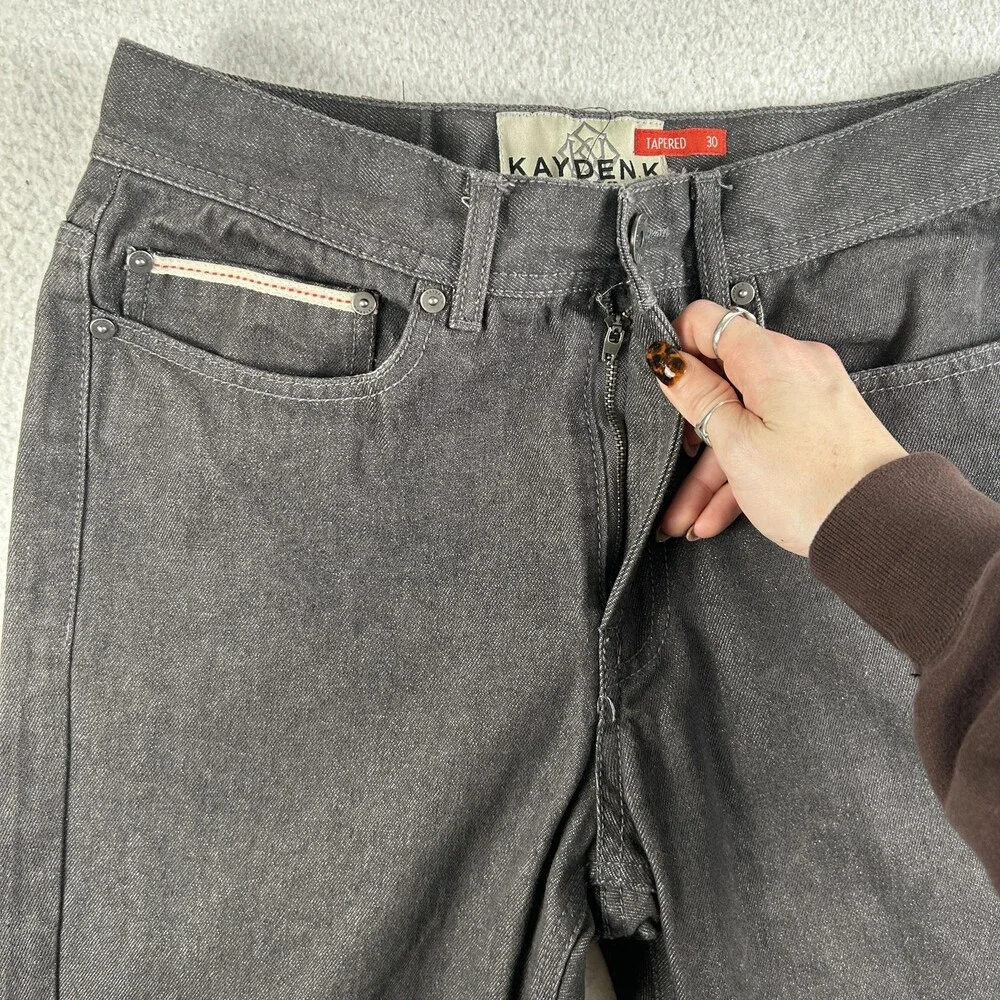 Kayden.K Jeans Mens 30x30 Charcoal Gray Tapered Selvedge Denim Zip Back Pockets